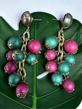 Vintage-Inspired Pink & Teal Drop Cluster Earrings